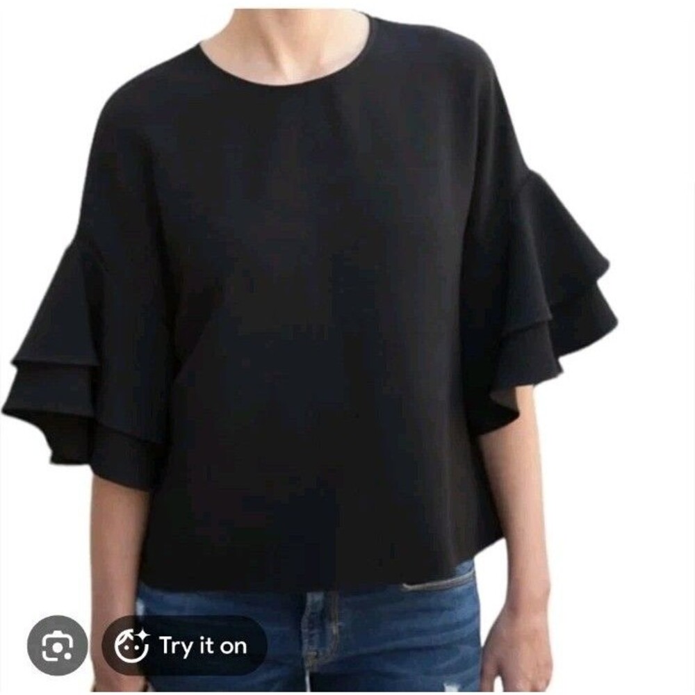 ZARA Black Tiered Ruffle Sleeve Oversized Blouse Top Size M